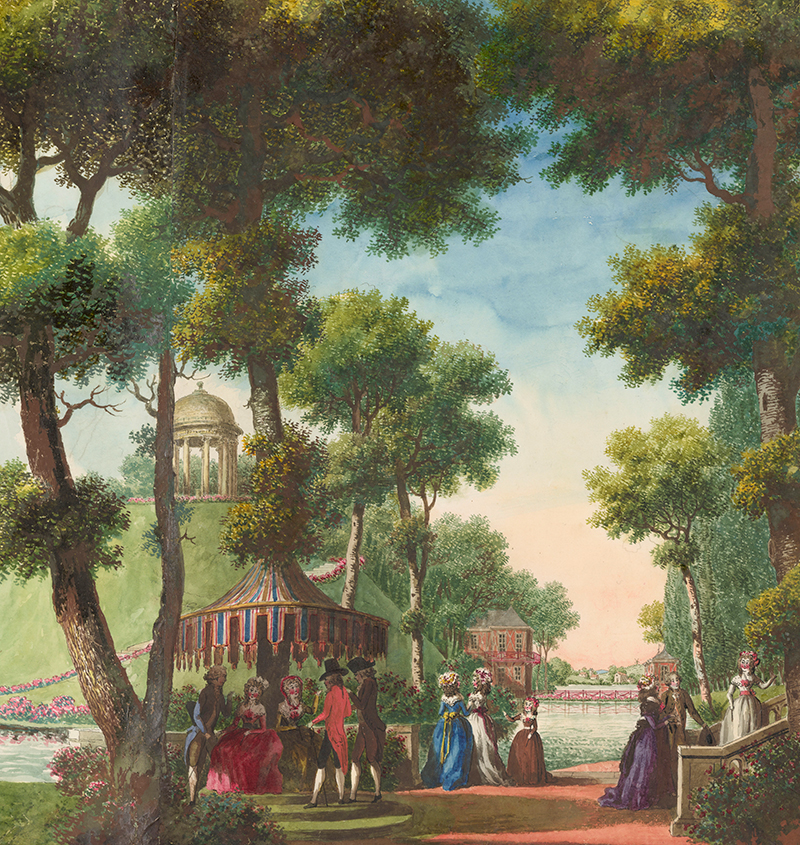 Louis Carrogis, known as Carmontelle Paris, Promenade in a park Pen and ink, gouache and watercolour highlights on watermarked Whatman paper. The restoration of the panorama by Carmontelle was supported by the Fonds Nininoé, as part of the Fonds de Dotation du Louvre. Acquisition, 2015 RF 55317