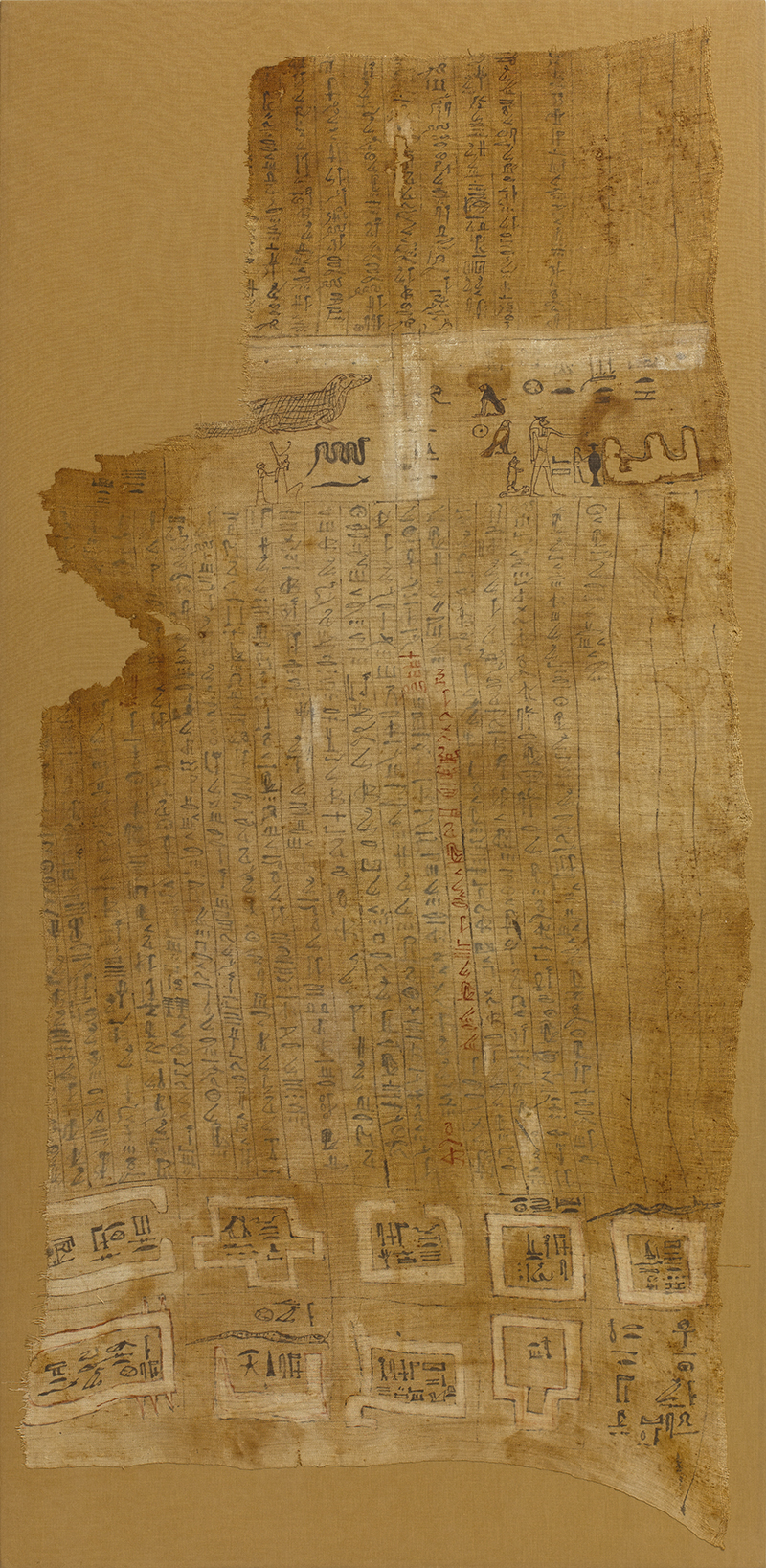 Egypt, Piece of cloth for wrapping a mummy (shroud): texts in cursive hieroglyphic script (hieratic) and rows of vignettes representing divinities and places Linen, black, red and white ink  Acquisition, 2014 E 33 171