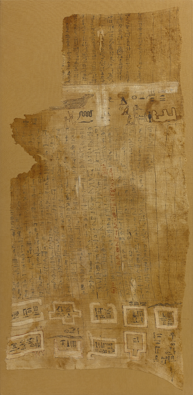 Egypt, Piece of cloth for wrapping a mummy (shroud): texts in cursive hieroglyphic script (hieratic) and rows of vignettes representing divinities and places Linen, black, red and white ink Acquisition, 2014 E 33 171